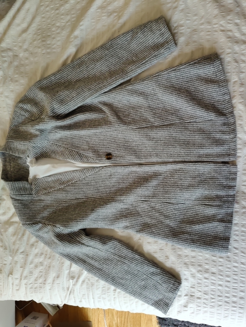 Grey Ribbed Single-Button Long Blazer Coat - Picture 6 of 12